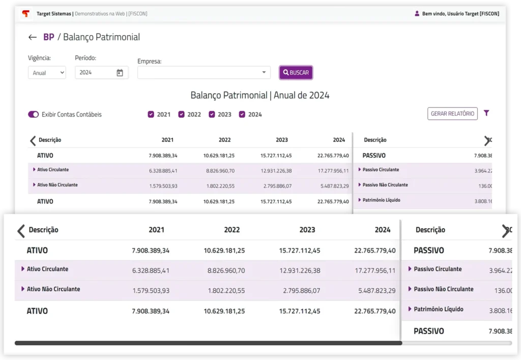 Tela de análise da estrutura patrimonial com o balanço patrimonial anual, exibindo ativos, passivos e patrimônio líquido para avaliação financeira.