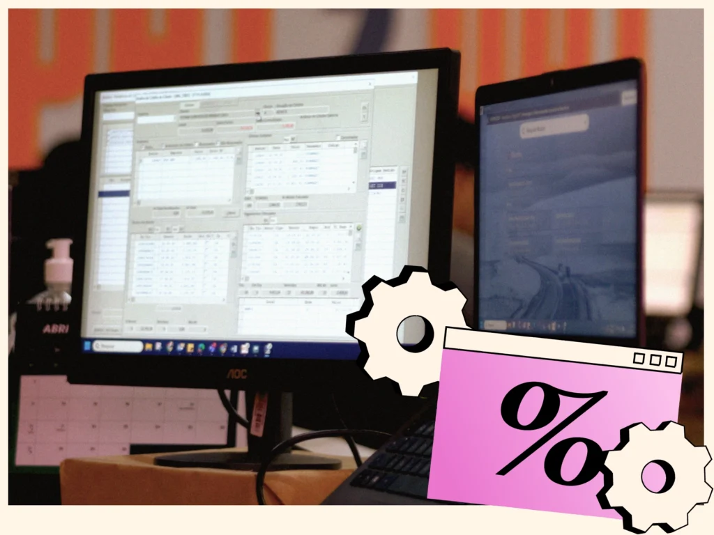 Ilustração de parâmetros fiscais configuráveis com engrenagens e tela de sistema, representando a automação das obrigatoriedades acessórias no ERP.