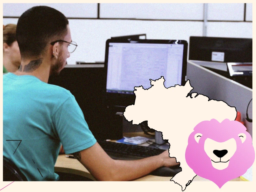 Ilustração com mapa do Brasil e ícone do leão representando a gestão de obrigações fiscais regionais, estaduais e nacionais no ERP da Target Sistemas.