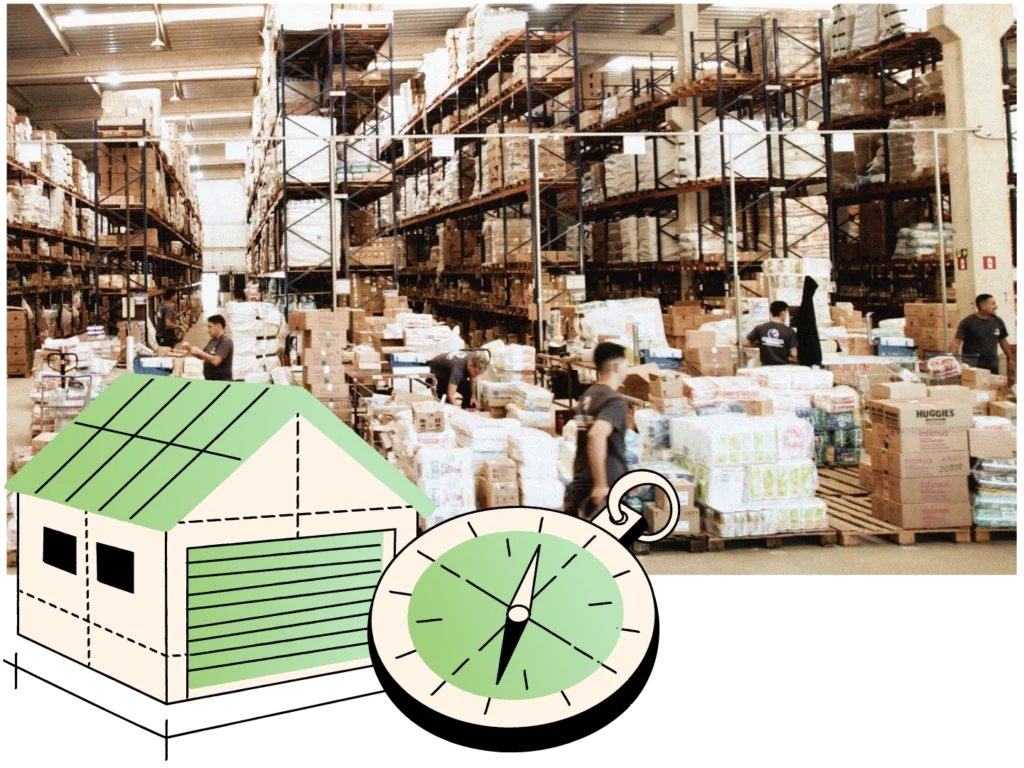 Corredor de centro de distribuição com pallets organizados e, em destaque, ilustração representando regras de endereçamento e armazenagem no WMS da Target Sistemas, mostrando como o software define tamanhos de picking e restrições para um fluxo mais eficiente.