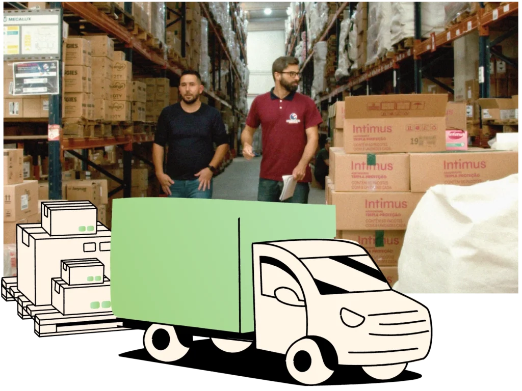 Consolidação de cargas em operação logística com colaboradores no armazém e ilustração de caminhão representando junção de separações para expedição