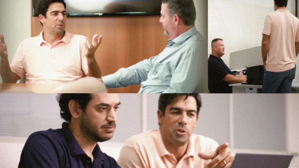 Equipe da Target orientando cliente em reunião de implantação, representando a metodologia própria e o suporte especializado da empresa.