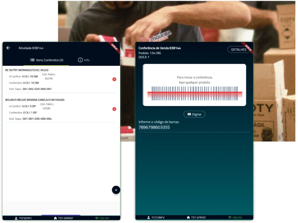 Tela de conferência de saída no WMS da Target Sistemas, com validação de fracionados por código de barras para operações de distribuição.